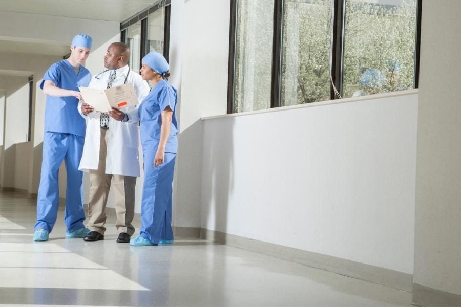 nurses chatting in a healthcare facility